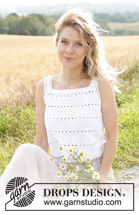 Moonstone Meadow / DROPS 248-22 - Free crochet pattern Bob Chapeau, Magazine Drops, Crochet Summer Dresses, Crochet Vest Pattern, Free Knitting Patterns, Crochet Squares, Summer Knitting, Boho Crochet, Drops Design