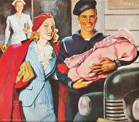 Wwii Aesthetic, Vintage Housewife, Vintage Illustration Art, Family Illustration, Pulp Art, Norman Rockwell, Vintage Life, Retro Art, Vintage Painting