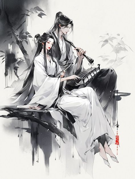 Couples Art, Chinese Drawings, Chinese Warrior, Samurai Artwork, Chinese Art Painting, Music Drawings, Drawing Examples, Illustration Art Drawing, Alien Art