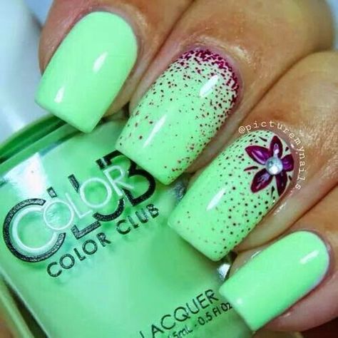 Floral Nails Ombre Nail Design, Mint Nails, Green Nail, Super Nails, New Nail Art, Cool Nail Designs, Fancy Nails, Nail Arts, Cool Nail Art