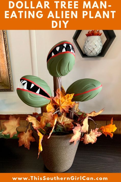 Hey y'all! I adore Halloween, and I also adore the movie Little Shop of Horrors. I have combined both in this awesome Dollar Tree man-eating alien plant craft. I made this using Dollar Tree... Plant Alien, Dollar Tree Halloween Decor, Dollar Store Halloween Decorations, Plant Diy, Alien Plants, Halloween Decor Diy, Easy Diy Halloween Decorations, Dollar Tree Halloween, Tree Toy