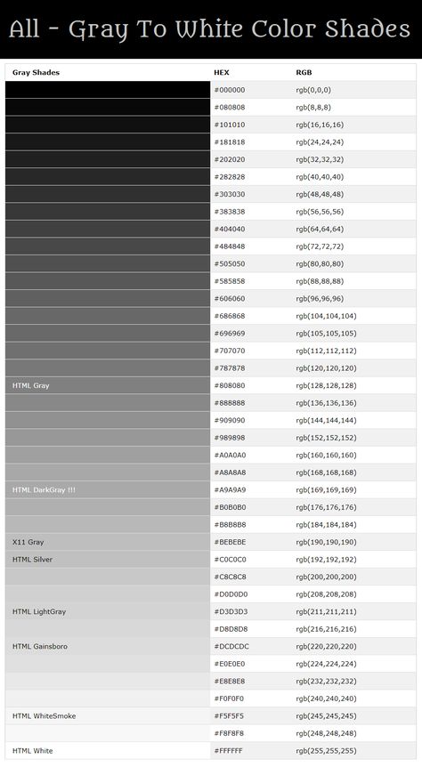 White Colors Pallete, Light Gray Color Combination, Black Color Palette Hex Codes, Black White Grey Color Scheme, Black To White Color Palette, Gray Pallete Color, Gray Palette Color, Light Gray Color Palette, Light Grey Color Palette