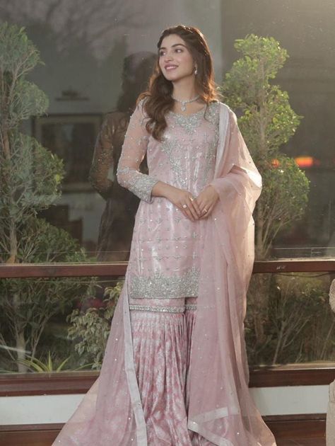 Newly upcoming gharara dresses collection Engagement Bride Dress, Mosque Nikkah, Pink Gharara, Pakistani Nikkah, Prom Outfit Ideas, Baat Pakki, Gharara Designs, Alizeh Shah, Nikah Ceremony