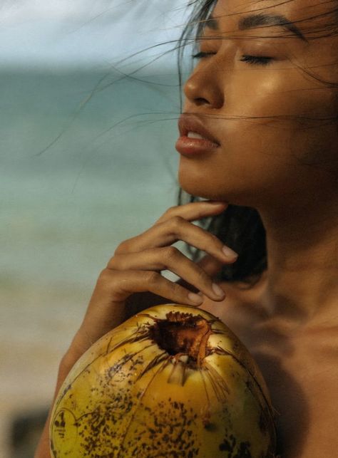 Water Goddess Aesthetic, Tropical Portrait, Coconut Photo, Tropic Of C, Coconut Beach, Hawaii Aesthetic, Tropical Luxury, Oahu Photographers, Creative Shoot