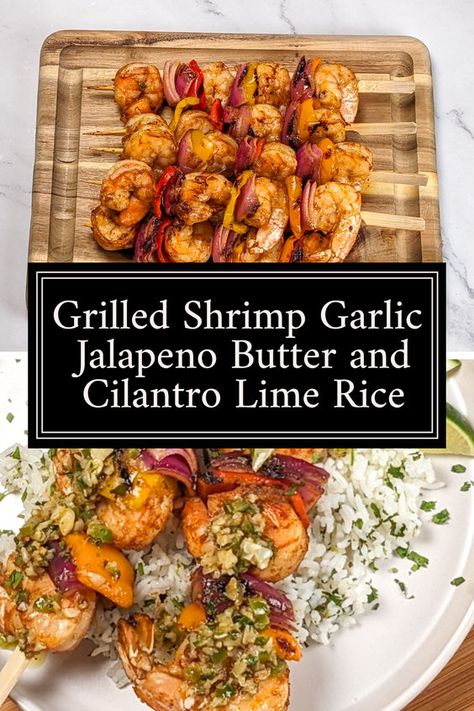 Super simple grilled smoked paprika and garlic spiced shrimp skewered with red onion and bell peppers topped with a garlic-infused butter sauce with a kick of lime and jalapenos.  Served with fragrant warm jasmine rice seasoned with fresh lime zest and cilantro. Jalapeño Shrimp, Chicken Pita Sandwich, Shrimp With Garlic, Spiced Shrimp, Tomato Basil Chicken, Salmon Rice Bowl, Chicken Pita, Vegetable Skewers, Infused Butter