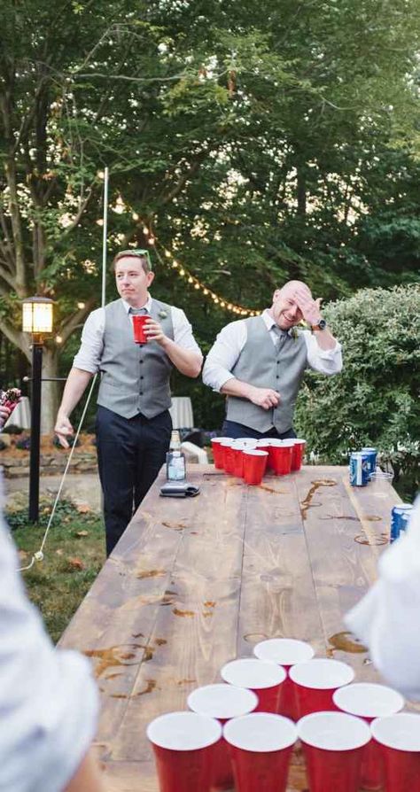 Beer Pong at my wedding :) decorations, dresses, food, and fun themed around the best state in the country, Colorado! #Denverwedding #denver #colorado #coloradowedding #wedding #bride #bridesmaid #weddingdress #mountains #vail #keystone #breckenridge #303 Wedding Reception Games For Guests, Wedding Beer Pong, Reception Games, Wedding Reception Outfit, Wedding Reception Games, Cocktail Wedding Reception, Wedding Backyard Reception, Backyard Reception, Yard Wedding