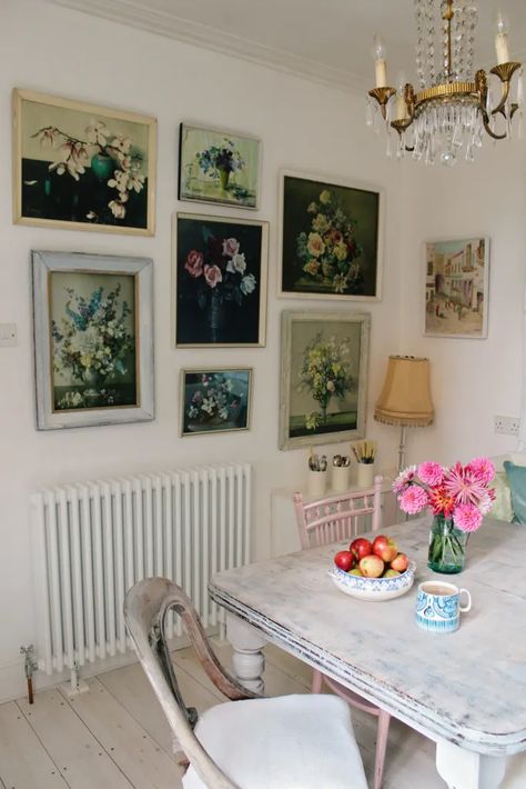 House tour of stylist & photographer Tamsyn Morgans' whimsical fairytale-style vintage home Flower Wall Collage, Vintage House Decor, Flower Gallery Wall, Pictures Collage, Stairway Wall, Framed Floral Prints, White Washed Furniture, Traditional Aesthetic, Gallery Walls