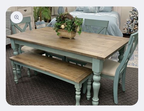 Aqua Dining Table, Farmhouse Table Colors, Dining Table Color Ideas, Dining Table With Bench And Chairs, Repurpose Dining Room Table, Wood Table And Bench, Painted Farmhouse Table, Blue Dining Table, Dining Set Makeover