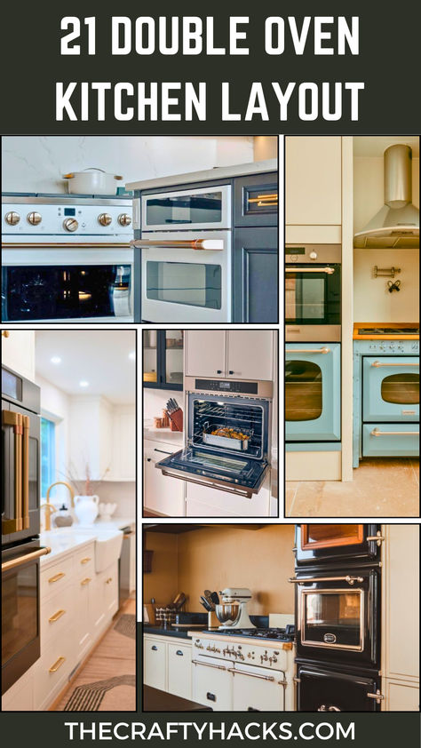 Collage of 21 double oven kitchen layouts showcasing modern and vintage styles. Images highlight different color schemes, cabinet designs, and appliance placements, creating a cozy and functional kitchen atmosphere. Text reads "21 Double Oven Kitchen Layout. Oven In Island Kitchen Layout, U Shaped Kitchen With Wall Oven, Kitchen Design With Double Wall Oven, Wall Oven Microwave Combo Layout, Small Kitchen With Double Oven, Kitchen Layout With Double Oven, Double Oven Ideas, Wall Ovens Ideas Layout Small Kitchen, Double Oven Layout