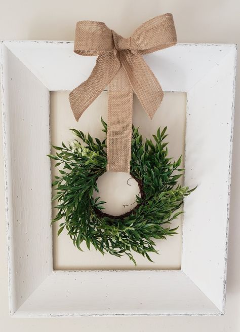 Frame With Wreath Farmhouse, Wreath In Frame, Wreath On Wall, Frame With Wreath, Picture Wreath, Picture Frame Wreath, Empty Picture Frames, Wreath Inside, Spring Wall Decor