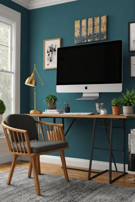 home office design, home decor ideas, decorating tips, accent wall colors Teal Office Walls, Teal Office, Fall Furniture, Accent Wall Colors, In Home Office, Home Office Colors, Sleek Furniture, Small Home Office, Boost Productivity