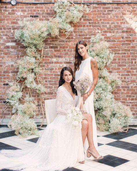 move over, Kate Middleton.  Brooklyn's Royalty has arrived. 🏰👑⁠⠀ ⁠⠀ the Wythe Hotel was home to this incredible day -- a pipe dream made real with the help of a team of vendors who are leaders in their fields. ⁠⠀ ⁠⠀ oh.  and a WHOLE lot of love.⁠⠀ ⁠⠀ dream team 👇👇⁠⠀ couple: @britlively + @bstulpinnn⁠⠀ planning and design: @wildflowereventsdesign⁠⠀ florals: @budsofbrooklyn⁠⠀ beauty: @willowhouse.beauty  attire: @everthinebridal | @florabridal⁠⠀ venue: @wythehotel⁠⠀ tablescape: @borrowedblu⁠⠀ Lesbian Wedding Outfits, Lesbian Wedding Photography, Comfortable Wedding Dress, Wythe Hotel, Nyc Elopement, City Bride, Romantic Photography, Beach Wedding Dress Boho, Chic Brides