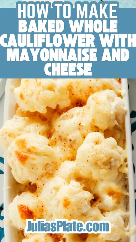 This Baked Whole Cauliflower with Mayonnaise and Cheese recipe is perfect for cauliflower lovers like me. I had many options on how to prepare it. At first, I Cauliflower Baked Recipes, Baked Whole Cauliflower, Oven Baked Cauliflower, Cauliflower Baked, Baked Cauliflower Recipe, Cauliflower Cheese Bake, Loaded Cauliflower Bake, Whole Cauliflower, Cheesy Cauliflower Bake