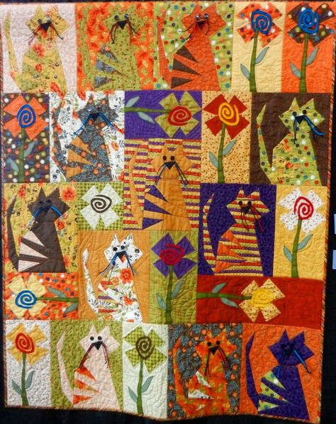 Cats Quilt, Appliqué Work, Cats And Flowers, Cat Quilts, Cat Quilt Patterns, Colorful Quilt, Quilt Modernen, Cat Patch, Childrens Quilts