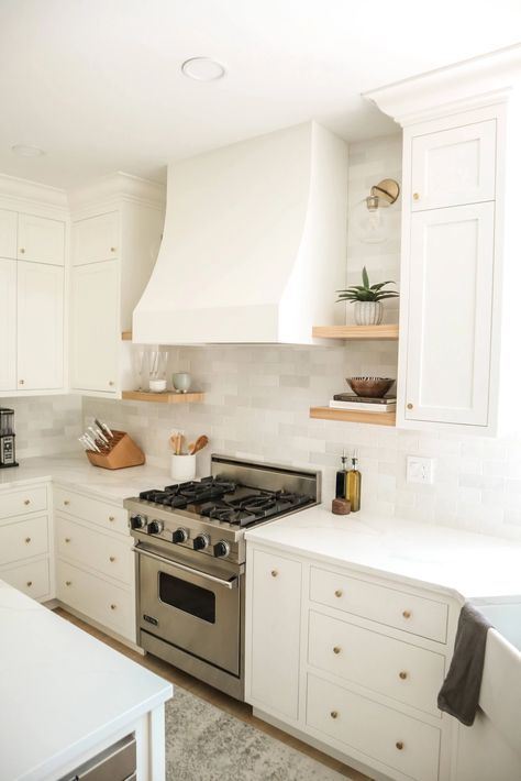 Our Kitchen Backsplash Plaster Hood With Floating Shelves, Range Hood Shelves, Kitchen With Patterned Tile Backsplash, Open Shelving Around Range Hood, White Hood Range, Shelves Next To Range Hood, Range Hood With Open Shelving, Plaster Hood Kitchen, Kitchen Oven Hood