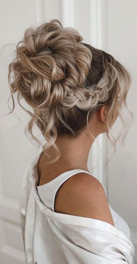 Hairstyles To Do With Dresses, Updo Curls Hairstyles, Full Updo Hairstyle, Textured Hair Updo, Pageant Bun Hairstyles, Wedding Hairstyles Pulled Back, Wedding Hair Boho Updo, Hoco Updo Hairstyles Ponytail, Bridesmaid Hair Styles Updo