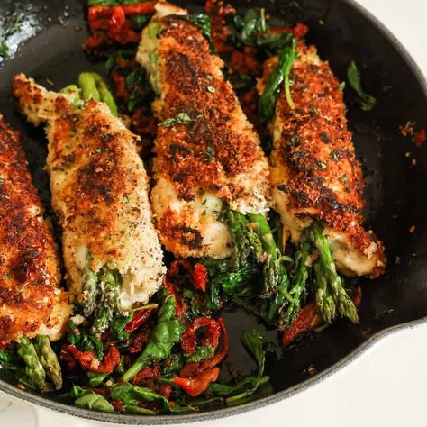 One Skillet Asparagus Stuffed Parmesan Chicken