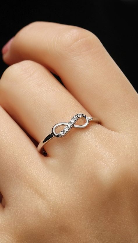 Eternity Simple Half Crystal Pave Infinity 8 Promise Ring in Gold or Silver  – MyBodiArt Simple Promise Rings, Cute Promise Ring, Infinity Wedding Band, Couple Ring Design, Delicate Engagement Ring, Infinity Diamond Ring, Bengali Art, Friend Songs, Classic Rings