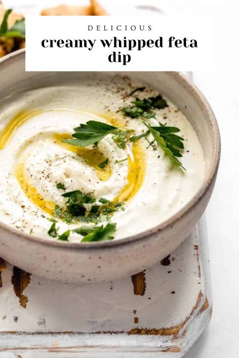 Looking for an impressive and delicious dip that only takes 5 minutes to make? This Creamy Whipped Feta Dip will be your new favourite! Serve it up with your favourite chips, crackers or pita. #fetadip #feta #dip Whipped Feta Sauce, Whipped Feta Dip, Mezze Platter, Feta Dip, Healthy Dips, Whipped Feta, Mediterranean Diet Recipes, Easy Appetizer Recipes, Yummy Dips