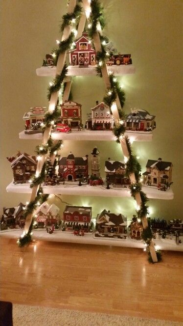 DIY snow village display ladder Display Christmas Village, Display Ladder, Christmas Tree Village Display, Diy Christmas Village Displays, Christmas Tree Village, Diy Snow, Village Christmas, Diy Christmas Village, Diy Christmas Ornament