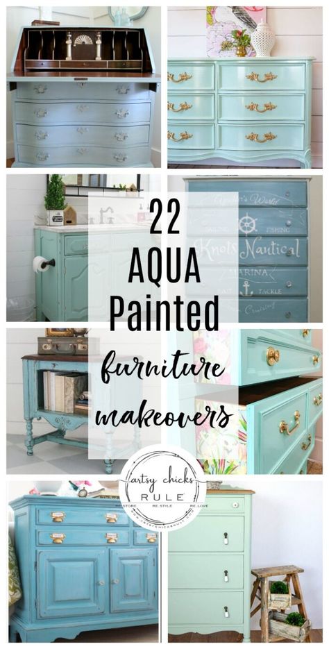 Aqua painted furniture makeovers...ideas and inspiration! artsychicksrule.com #aquafurniture #aquapaintedfurniture #aquafurnitureideas Aqua Painted Furniture, Navy Painted Furniture, Aqua Dresser, Teal Painted Furniture, Furniture Makeover Ideas, Green Painted Furniture, Black Painted Furniture, Top Furniture, Diy Dresser