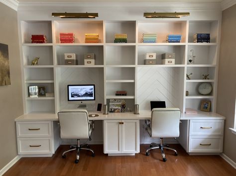 Double Desk Wall Built In, Double Desk Shelving, Two Desk Office Layout Bookshelves, Double Desk In Living Room, 2 Desk Office Ideas, Double Desks Home Office, Double Desk Setup, Two Tier Desk, Double Desks