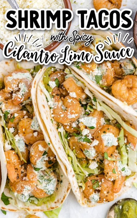 Shrimp Tacos with Spicy Cilantro Sauce - The Best Blog Recipes Cilantro Lime Shrimp Tacos, Shrimp Tacos Easy, Wisconsin Vacation, Shrimp Taco Recipes, Flavorful Dinner, Cilantro Lime Sauce, Shrimp Seasoning, Lime Sauce, Shrimp Tacos