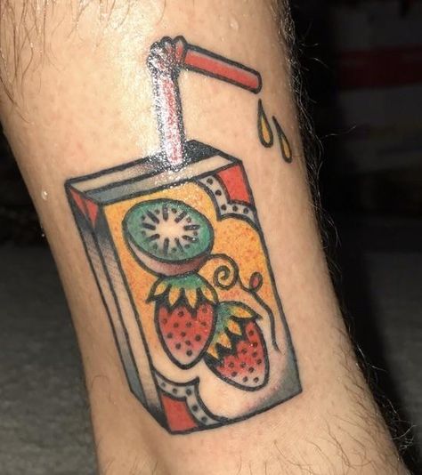 Juicebox Tattoo, Juice Box Tattoo, Box Tattoo, Juice Tattoo, Traditional Black Tattoo, J Tattoo, Flash Sheet, Juice Box, Old School Tattoo Designs