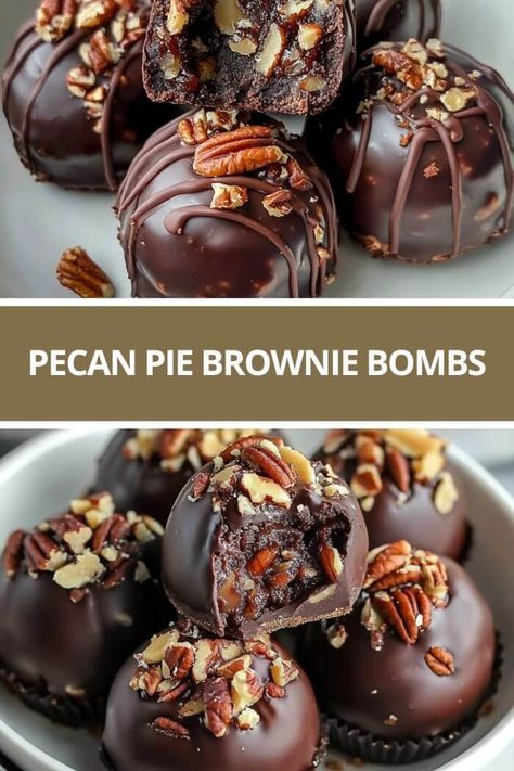 Pecan Pie Brownie Bombs Brownie Bon Bons, New Year’s Eve Brownies, Chocolate Pecan Pie Cookies, Pecan Pie Brownie Bites, New Years Brownies, Food To Give As Gifts, Chocolate Pecan Pie Balls, Pecan Pie Truffles Recipe, Banquet Dessert Ideas