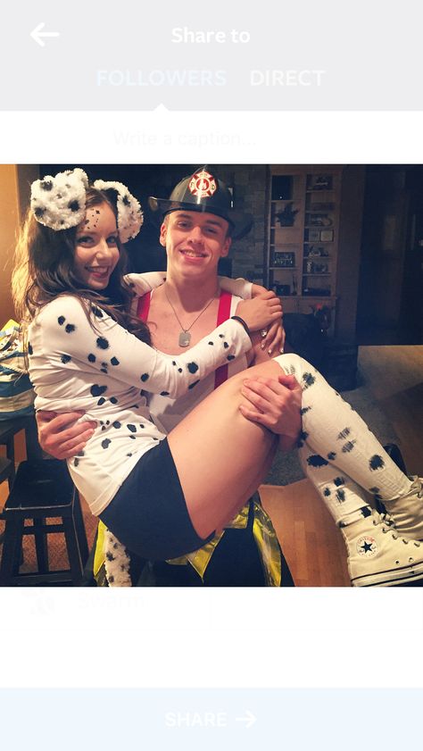 Dalmatian & Firefighter Dalmatian Firefighter Costume, Bf And Gf Costume Ideas, Dalmation And Firefighter Costume Couple, Dalmatian Couple Costume, Dalmation And Fire Fighter Costume, Fireman And Dalmatian Costume Couple, Dalmatian And Firefighter Costume, Fire Fighter And Dalmation Costume, Firefighter And Dalmatian Costume Couple