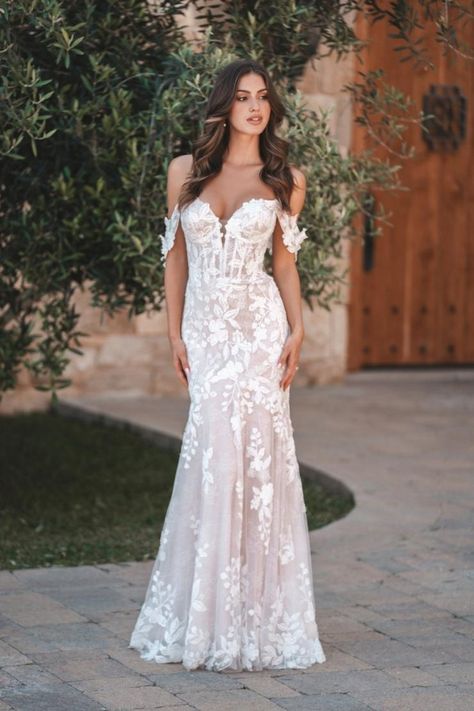 Allure Bridals| Always Elegant Bridal - A1210 - Allure Collection | Always Elegant Bridal Lace Backdrops, Sheath Bridal Gown, Flare Wedding Dress, Fitted Gowns, Flare Gown, Kleinfeld Bridal, Allure Bridals, Fit And Flare Wedding Dress, Wedding Dress Train