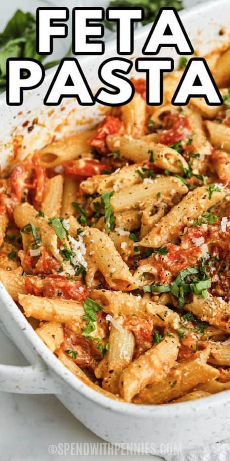 Baked Feta Pasta is the new viral trend, and it's no wonder! Our easy creamy recipe with grape tomatoes is the best of the best! #spendwithpennies #bakedfetapasta #entree #recipe #bakedpasta #feta #tomatoes #easy #best #creamy Pasta Seasoning, Pasta Bake Easy, Baked Feta Pasta, Easy Baked Ziti, Baked Feta, Cherry Tomato Pasta, Grape Recipes, Feta Recipes, Spend With Pennies