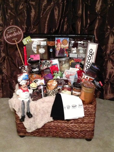 Chocolate basket.....oh yeah, we need this! Chocolate Lovers Gift Basket, Silent Auction Gift Basket Ideas, Silent Auction Basket, Auction Gift Basket Ideas, Fundraiser Baskets, Theme Baskets, Silent Auction Baskets, Chocolate Lovers Gift, Auction Basket