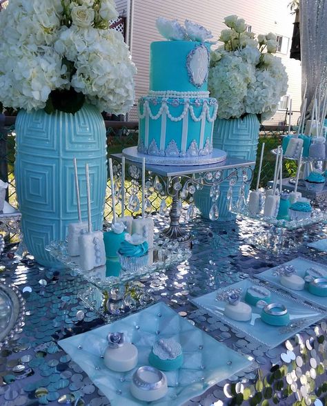 182 Likes, 11 Comments - Marie Antoinette (@marieantoinette.events) on Instagram: “The wind was NOT playing fair today 😣 BUT I still got the job done 💁 Turquoise & Silver Bridal…” Blue Bridal Shower Ideas, Blue Bridal Shower Favors, Blue Bridal Shower Decorations, Blue Bridal Shower Themes, Wedding Bridal Table, Tiffany Blue Bridal Shower, Bridal Shower Tablescape, Bridal Shower Desserts Table, Bridal Shower Table Decorations