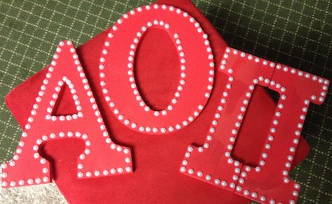 Alpha Omicron Pi pearl letters!! Sorority craft for the little!! #alphaomicronpi #paintedletters #AOII #biglittle Alpha Phi Letters Painted, Pearl Sorority Letters, Sorority Letters Painted Wooden Easy, Painted Letters Sorority, Cute Sorority Letters, Alpha Omicron Pi Canvas, Aoii Paintings, Sorority Letters Painted Wooden, Sorority Painted Letters