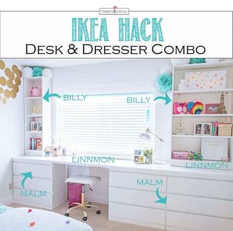 Desk Dresser Combo, Ikea Office Furniture, Ikea Hack Kids, Ikea Desk Hack, Desk Hacks, Hack Ikea, Malm Dresser, Ikea Closet, Kura Bed