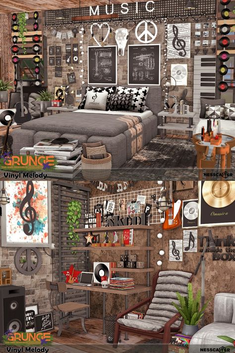 ROOM with CC ▶️✨ The room is full of decorations, trinkets and accents related to the Grunge musical style.✨Have fun!✅BASE GAME + CC from TSR ✌️Click on the post and download✔️ THX❤️ #ts4builds #sims4 #sims4builds #sims4home #sims4builds #sims4buildsideas #ShowUsYourBuilds #thesims4 Sims 4 Punk Clutter, Sims 4 Arctic Monkeys Cc, Sims 4 Room Accessories, Sims 4 Punk Room, Alt Room Sims 4 Cc, Sims 4 Deco Sims Cc, Sims Music Cc, Sims 4 Cc Furniture Bookshelf, Sims 4 Cc Rockstar Furniture