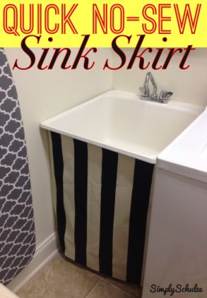 DIY No-Sew Sink Skirt! Super easy fix to update an ugly laundry or basement sink. Utility Sink Skirt, Basement Sink, Work Bathroom, White Lace Curtains, Sink Skirt, Coat Closet Organization, Room Storage Diy, Bathroom Decor Themes, Basement Laundry Room