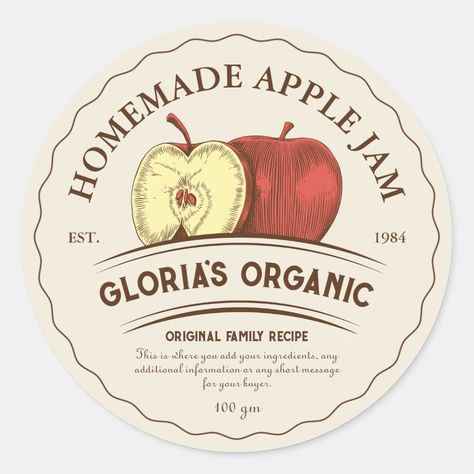 Upgrade your brand with this customized apple labels. Discover the perfect finishing touch for your delectable creations with this customizable apple product labels. Whether you sell homemade apple fruit jam, apple fruit juice, jelly, pies, cakes, tarts and drinks, these labels are designed to add a touch of elegance to your small business products. This editable label templates allow you to have personalized packaging and distinctive branding to showcase your unique business in style. The vinta Vintage Fruit Labels, Jam Logo Design Ideas, Apple Packaging Design, Apple Pie Packaging, Jam Logo Design, Cherry Packaging, Jam Label Design, Vintage Packaging Design, Pie Logo