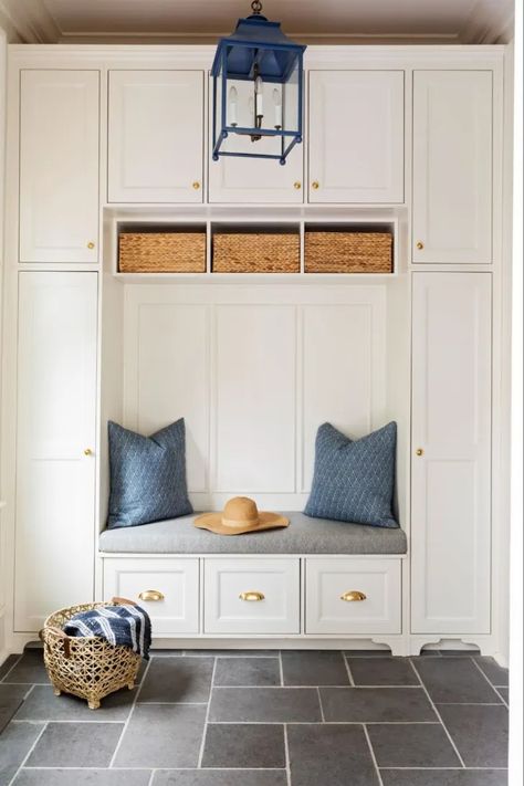 15 Clever Mudroom Ideas That Are Equally Functional and Stylish | Apartment Therapy Built In Bench With Cabinets, Entry Cubbies, White Built In Cabinets, Mudroom Cubbies With Bench, Gray Tile Floor, Mudroom Built Ins, Cubby Ideas, Mudroom Cubbies, Bungalow Decor