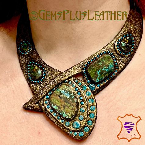 Tooled Leather Necklace Imitating Aged Gold, Featuring Hubei Turquoise Antique Gold Necklace Boho Jewelry by Gemsplusleather - Etsy Gold Aesthetics, Antique Gold Necklace, Hubei Turquoise, Jewerly Displays, Beaded Necklace Tutorial, Hardware Jewelry, Queen Jewelry, Leather Jewellery, Turquoise Accents