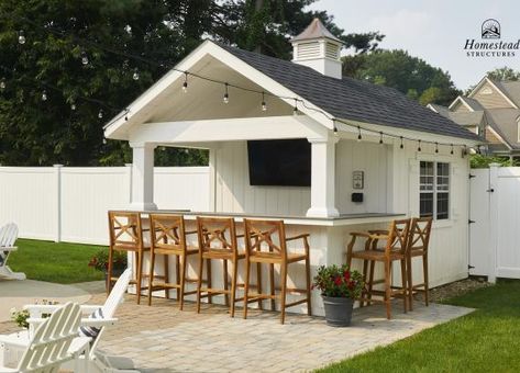 Shed With Outdoor Kitchen, Pool Bar Shed, Outdoor Bar Against House, Pool Shed With Bar And Storage, Shed With Bar Attached, Pool Cabana Bar, Cabana Ideas Backyard Poolside, Pool House Bar Ideas, Pool House Ideas Sheds