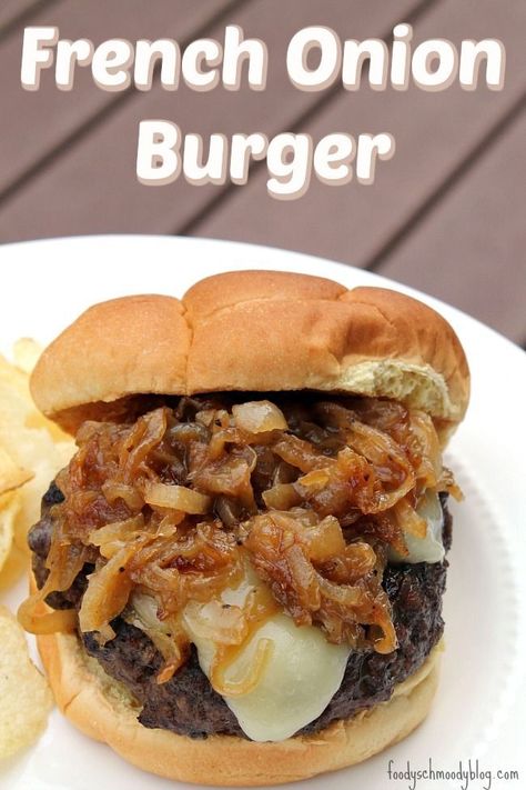 FRENCH ONION BURGER -  A bold, hearty cheeseburger topped with fontina cheese and caramelized onions infused with the flavors of french onion soup, served on a hearty bun!  This burger packs some serious flavor. #PepperidgeFarm #ad French Entrees, French Onion Burgers, French Onion Burger, Onion Burgers, Grilled Pork Loin, Super Easy Breakfast, Classic French Onion Soup, Onion Burger, Burger Dogs