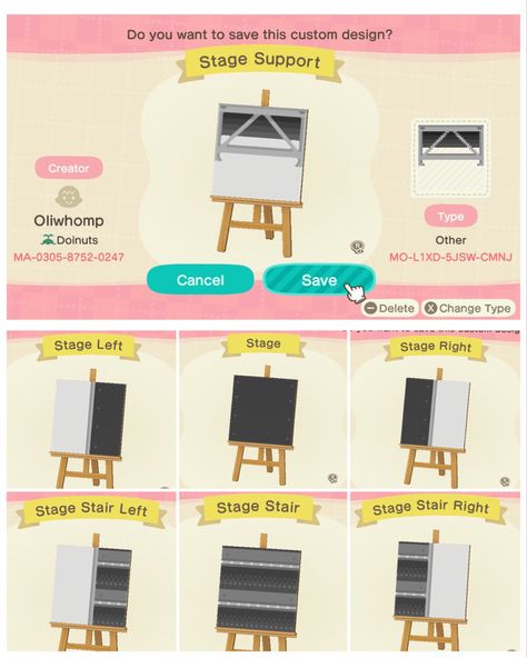 Animal crossing new horizons custom floor panels to use to build a stage set up Animal Crossing Stage Design Code, Acnh Stage Design, Animal Crossing Stage Design, Acnh Stage Design Code, Stage Animal Crossing, Animal Crossing Stage, Acnh Stage, Acnh Tips, Codes Acnh