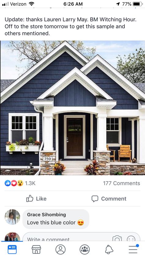 New England Exterior House Colors, Exterior Paint Colors For Bilevel House, Blue House Wrap Around Porch, Witching Hour Paint, Blue House Exterior White Trim, Navy Exterior House, Navy Exterior House Colors, Navy Blue House Exterior, Navy House Exterior