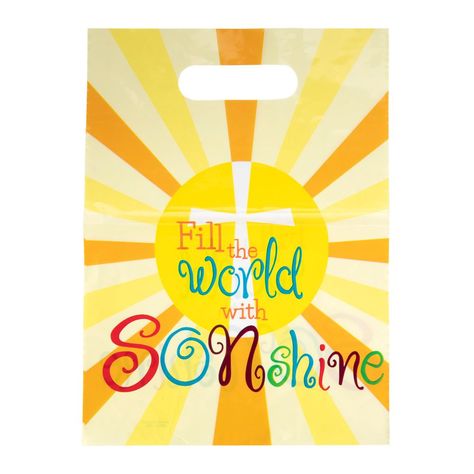 Let the light of God's son shine as bright as these party favor bags! Featuring bright rays of light beaming from a cross in the middle, these bags are just the right size for holding wrapped candies, faith-based activity books and other Easter goodies. Hand them out at Sunday School Easter parties, church events or as Easter egg hunt prizes. Plastic. (50 pcs. per unit) 7" x 9 1/2" © OTC Fun Multicolor Bags For School Events, Christian Goodie Bag Ideas, Yellow Travel Gift Bag, Everyday Yellow Gift Bag, Easter Egg Hunt Prizes, School Easter Party, Cheap Rainbow-colored Bags For Gifts, Church Outreach, Easter Sunday School