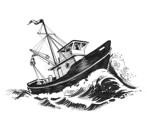 Fishing Boat Tattoo, Fishing Trawler, Boat Tattoo, Realistic Rose Tattoo, Wave Drawing, Landscape Pencil Drawings, Sea Drawing, Boat Illustration, Sea Tattoo