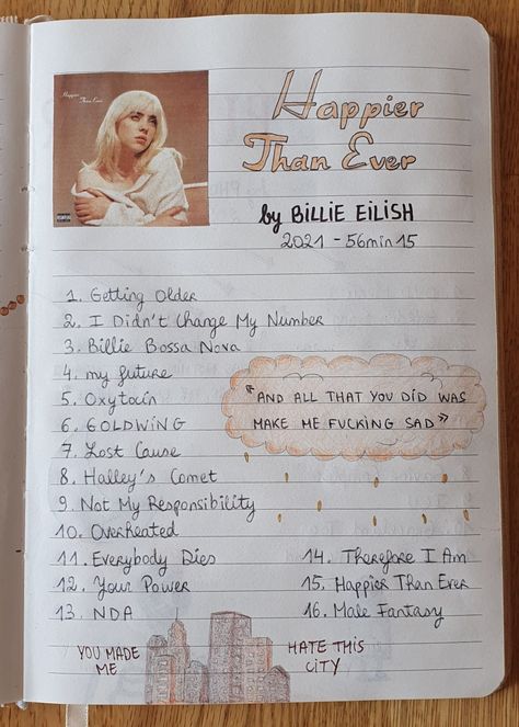 Happier than ever billie eilish notebook aesthetic drawing Billie Eilish Journal Ideas, Lyrics Book Design, Billie Eilish Inspired Drawings, Happier Than Ever Drawing, Billie Eilish Scrapbook, Song Diary Aesthetic, Billie Eilish Drawing Ideas, Drawing Ideas Billie Eilish, Billie Eilish Notebook