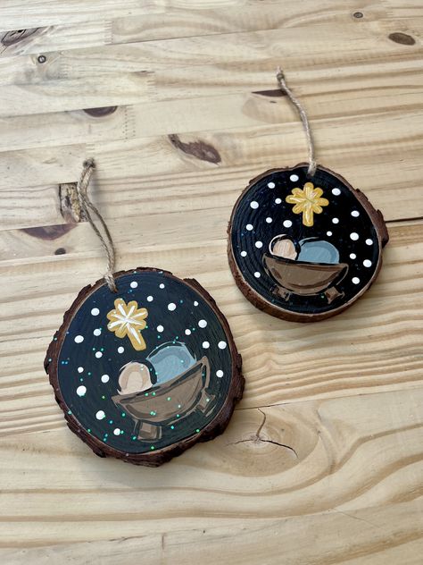 MADE TO ORDER ITEM. Set of 2 (or) 4 wood ornaments Measurement: Each ornament is approximately 3.5 - 4 inches (diameter) .5 inches (thickness) Hand painted with acrylics Sealed with 2 coats of gloss spray protectant and dusted with glitter Natural wood slices are unpredictable! So please keep in mind that each ornament will vary in size, knots, wood grain/shade, blemishes, shape (typically irregular oval or round) and in the amount of bark they have.  Remember all items are hand painted so there Christmas Art Ornaments, Christian Wood Ornaments, Small Round Wood Crafts, Painted Wood Discs Christmas Ornament, Painted Flat Ornaments, Handpainted Ornament Wood, Fall Wood Slice Ornaments, Wood Circle Christmas Ornaments, Hand Painted Christmas Ornaments Wooden