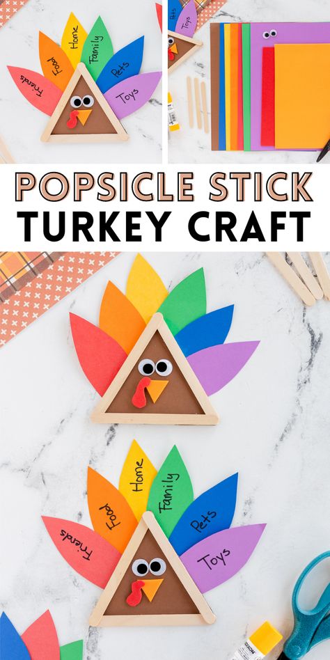 This Popsicle Stick Turkey Craft is a simple Thanksgiving craft for kids of all ages! Use bright colored paper made feathers to share what they are thankful for this season. Popsicle Stick Turkey, Thankful Crafts, Made To Be A Momma, Thanksgiving Art Projects, Thanksgiving Crafts Preschool, Simple Thanksgiving, Easy Thanksgiving Crafts, November Crafts, Turkey Crafts